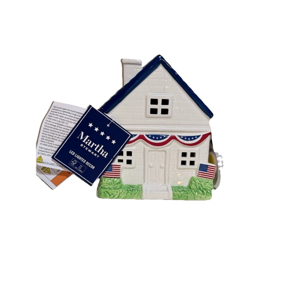 Stars & Stripes Patriotic July 4th 2026 Blue LED Ceramic House Americana NWT